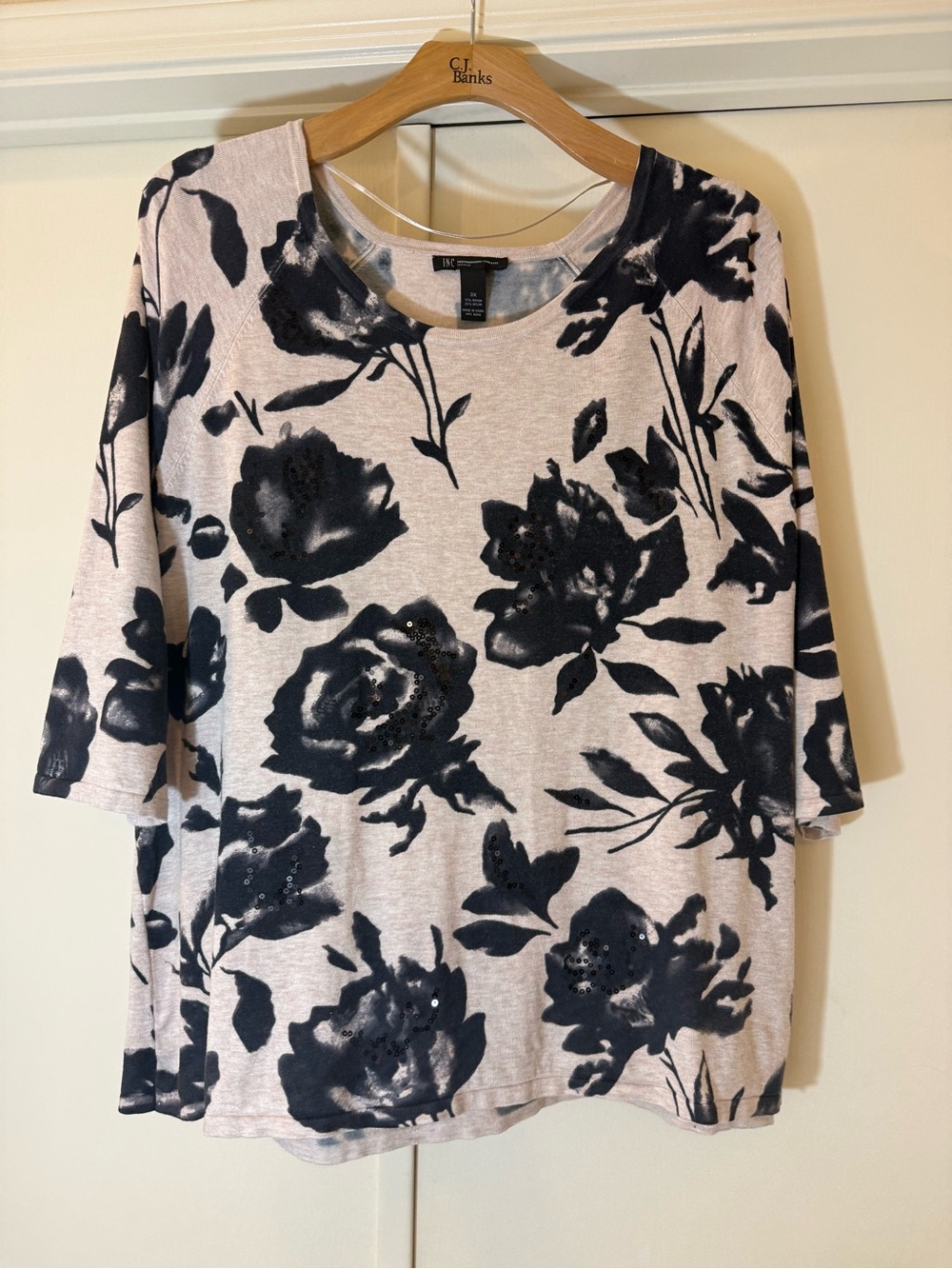 INC International Concepts Pink Floral Long-Sleeve Scoop Neck Top